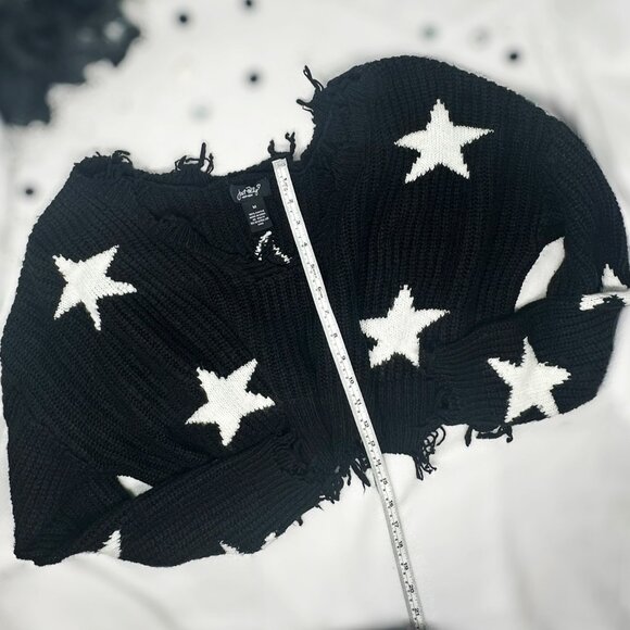 Oversized Cropped Black Sweater with White Stars, Just Polly Womens Size Medium - Picture 3 of 14